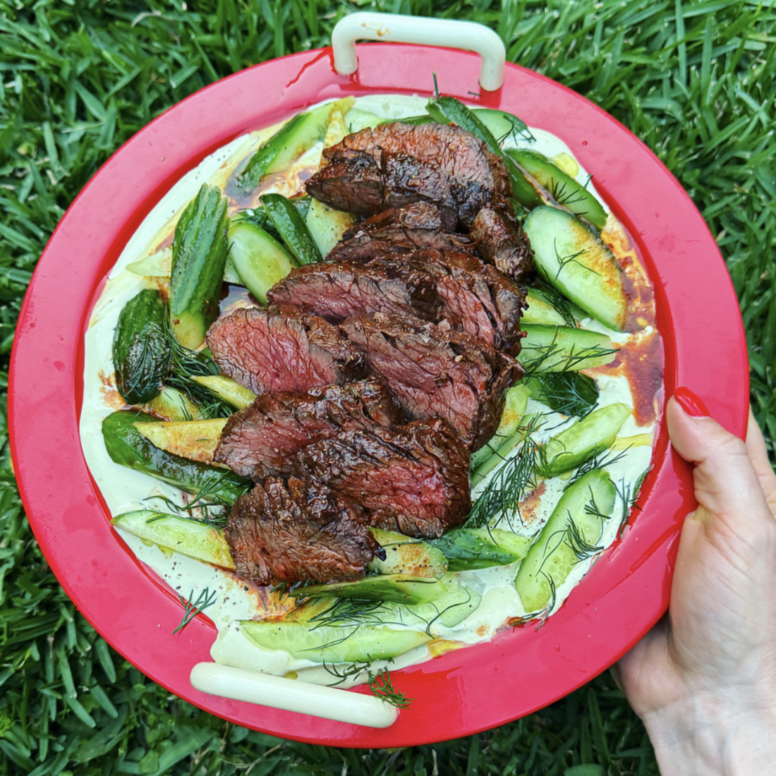 Charred Steak with Creamy Cucumber-Almond Sauce