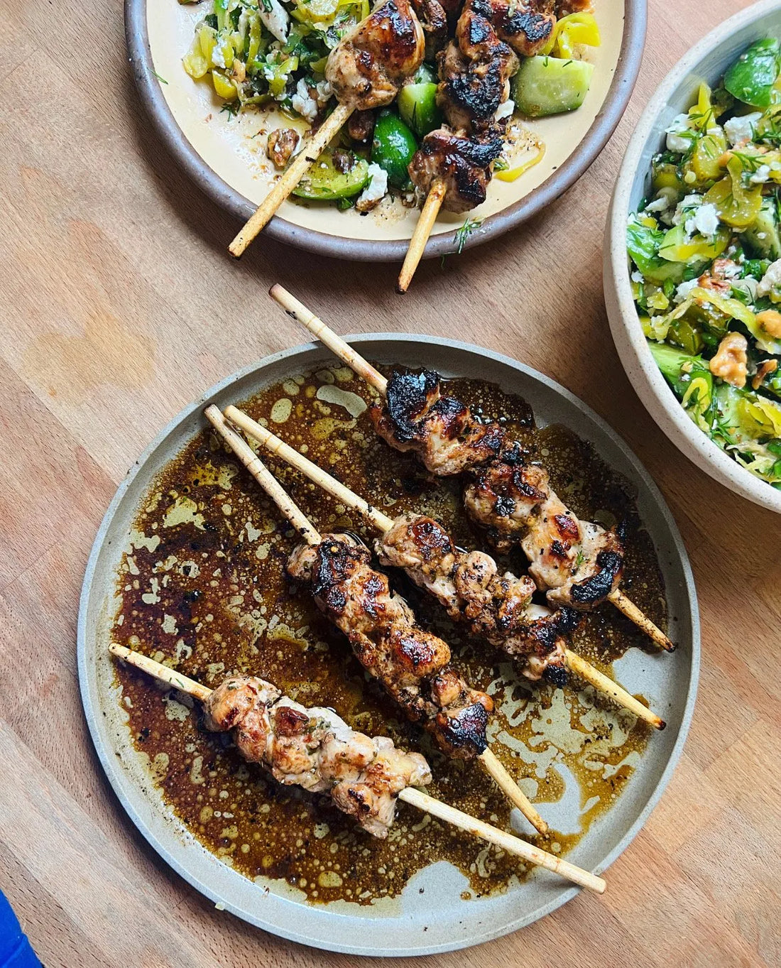 Oregano Chicken Skewers with Cucumber, Pickle & Feta Salad